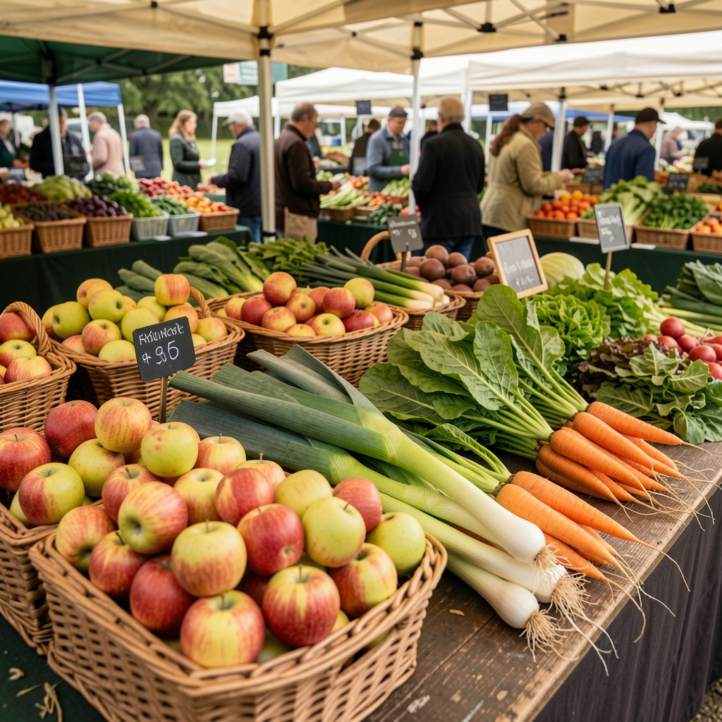 A UK farmers market table with seasonal apples, leeks, carrots and leafy vegetables