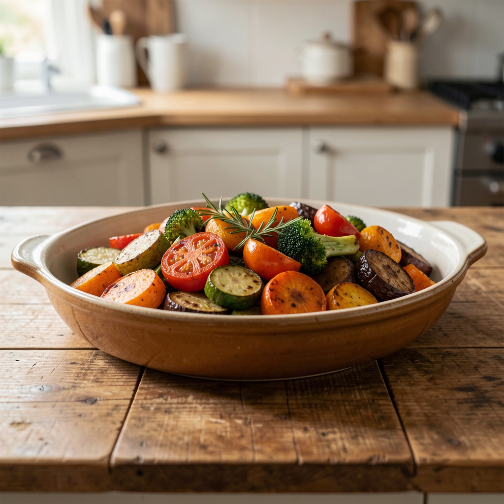 Roasted seasonal vegetables in a wide ceramic serving dish on a wooden kitchen table