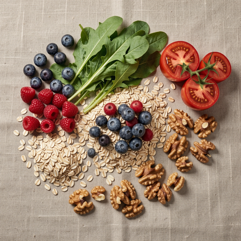 Artfully arranged flat lay of oats, berries, leafy greens, tomatoes and walnuts on a linen table
